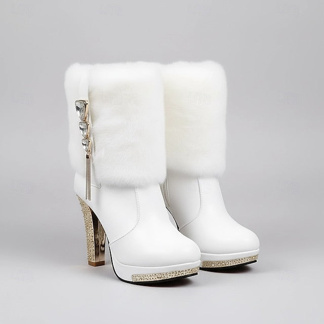 Boots Ankle Rhinestone with Women's Heels Faux - Fur White