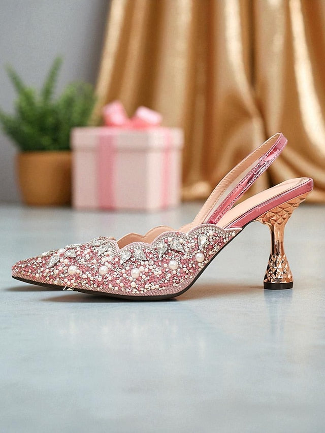 Toe - Pointed Slingback Rhinestone Heels Pink Women's Party