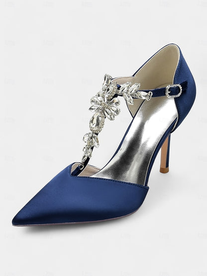 Navy Women's Heels Toe – Blue T-Strap Pointed Satin