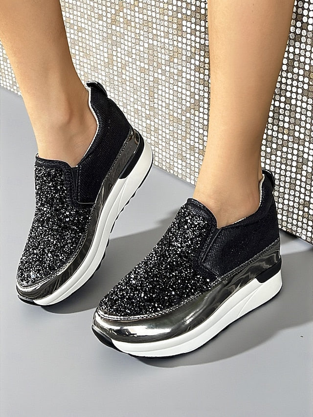Black with Sneakers Slip-On Metallic Glitter Women's