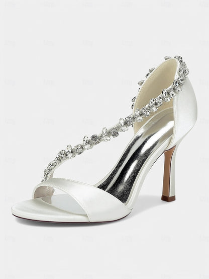 with High T-Strap Champagne Crystal – Women's Heels Satin