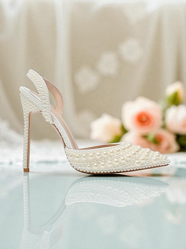 - Women's Pearl-Embellished Slingback Heels Leather White