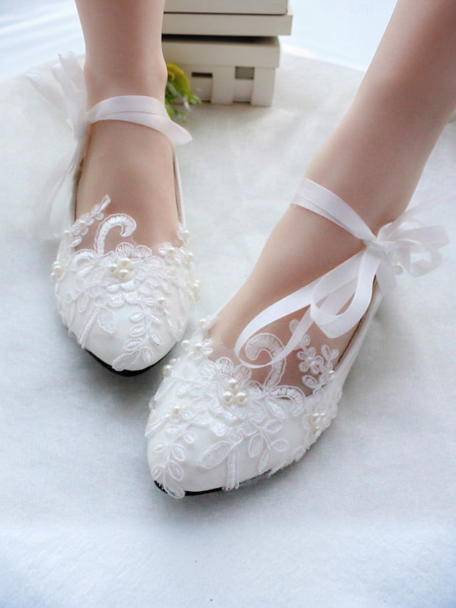 with Shoes Flats Lace - Ribbon White Wedding Ties Elegant Bridal