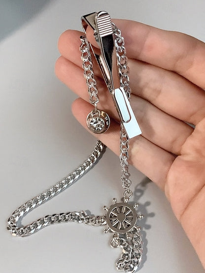 Nautical with – Ship Wheel Chain Design Silver Men's Tie