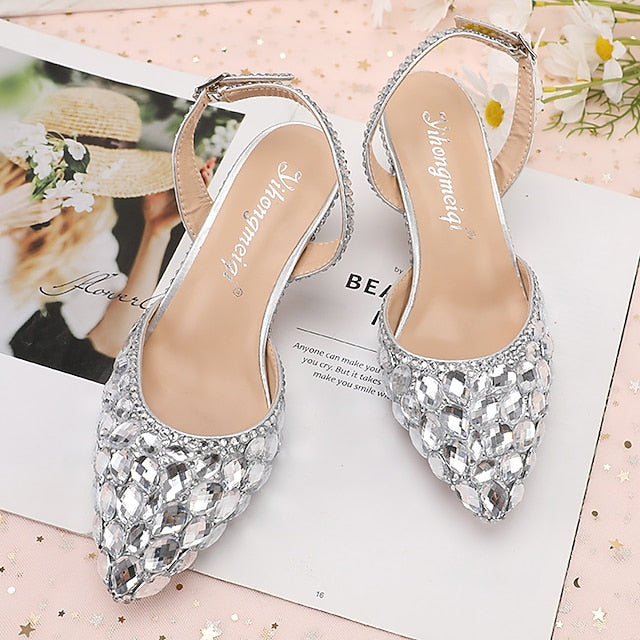 High Rhinestone Slingback Crystal Women's Heels Pointed-Toe