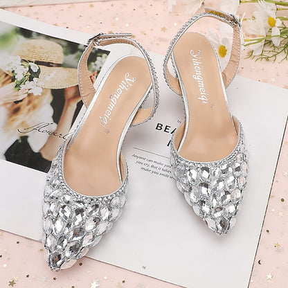 High Rhinestone Slingback Crystal Women's Heels Pointed-Toe