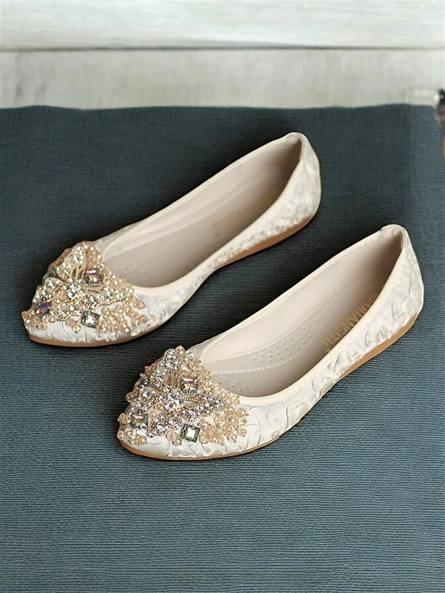 Foldable Women's Beaded Flats with Embroidered Ballet