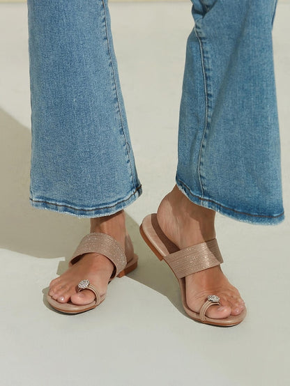 Flat Sandals Women's Slip-On with Heel Rhinestone Champagne