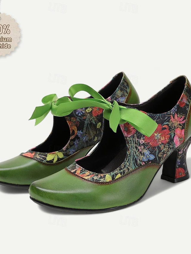 Leather Heels with Green Print Women's Jane Mary Floral