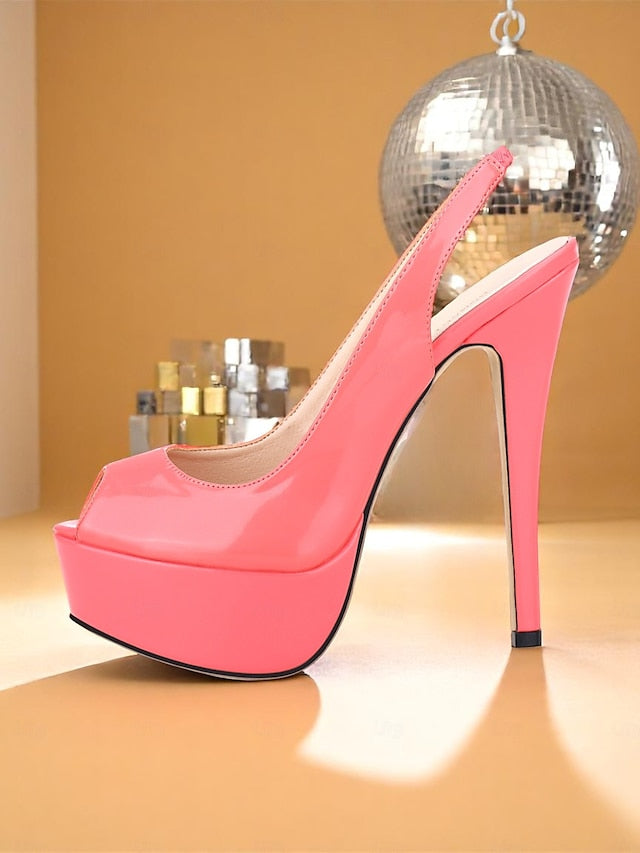 PU Patent Stiletto Women's Platform Orange Heels Leather