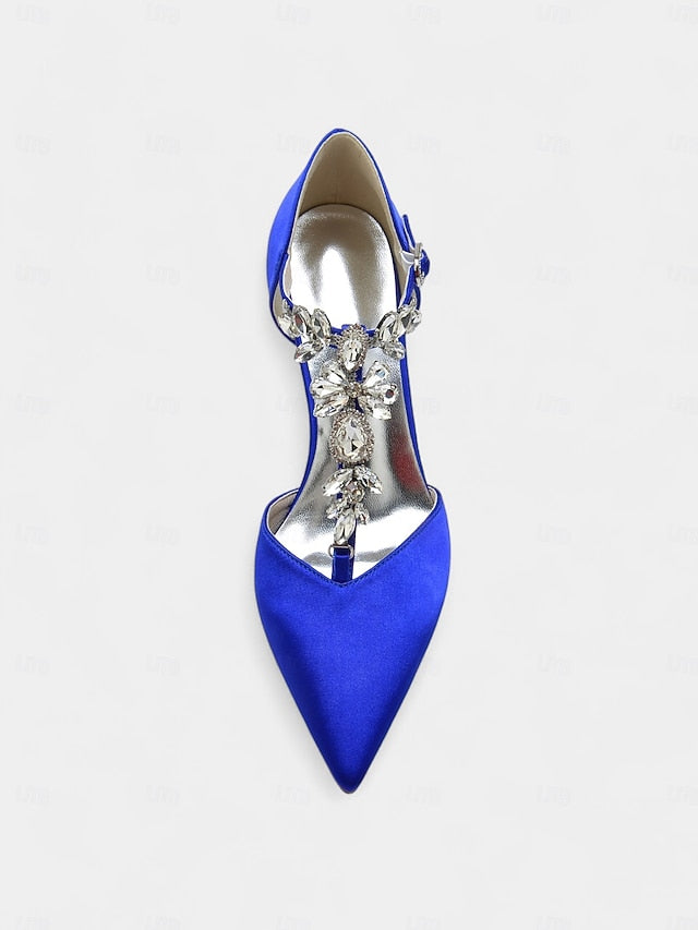 Navy Women's Heels Toe – Blue T-Strap Pointed Satin