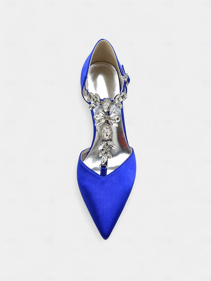 Navy Women's Heels Toe – Blue T-Strap Pointed Satin