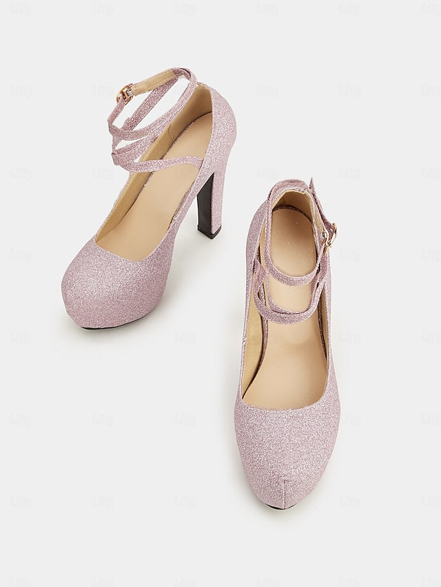 – Women's Heels Platform with Strap Pink Glitter Ankle