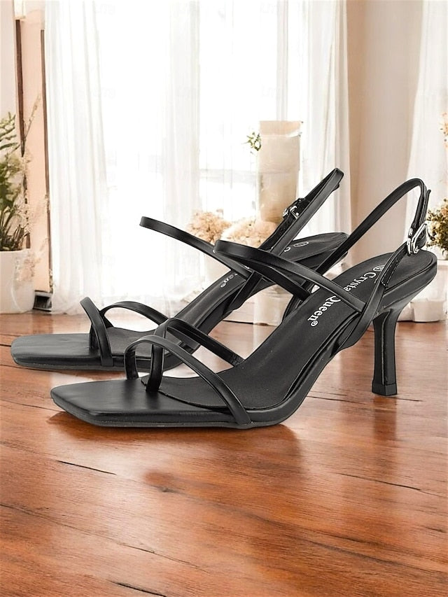 for High Heel Toe Nude Strappy Women Minimalist Square - Sandals