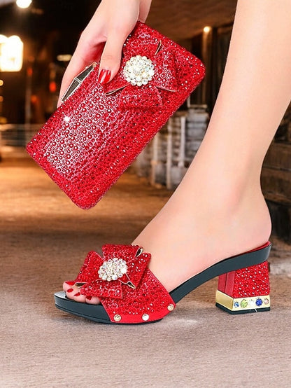 Heel with Rhinestone Sparkling Clutch Bow Matching High Sandals