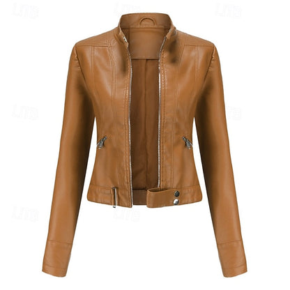 Women's Jacket Zipper Leather Faux Pocket Comfortable