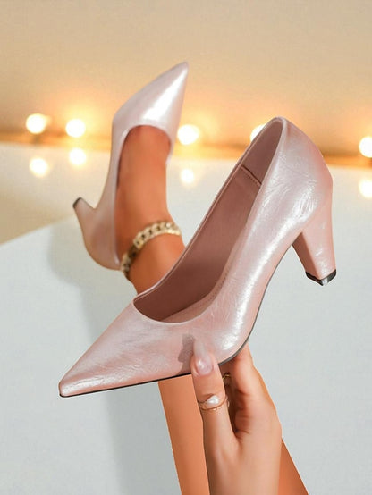 Glossy Party Nude - Heel Toe Women's Block Pointed Pumps