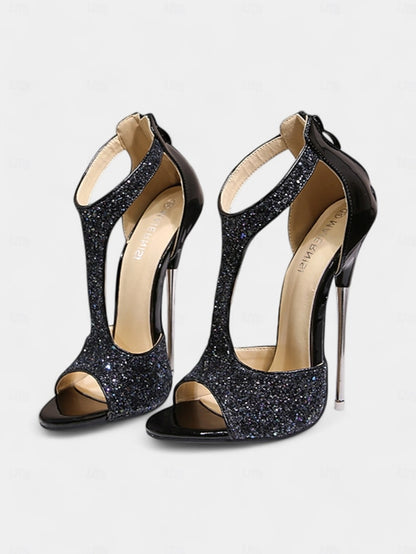 with Stiletto for Gold T-Strap Glitter Heels and Design Toe Open