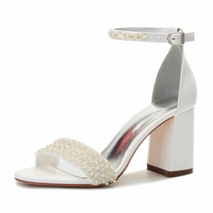 Pearl Strap White Embellished Ankle Ivory Women's Block