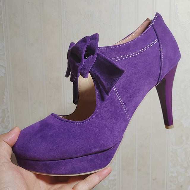 Women's Bow High Pumps Vintage Red Heel Platform Suede –