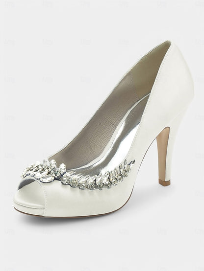 with – Peep-Toe Crystal Embellishment Heels Blue Satin Luxury