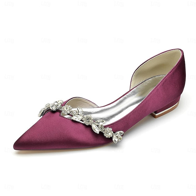 Shoes Pointed with Toe Crystal Wedding Satin Flat and White