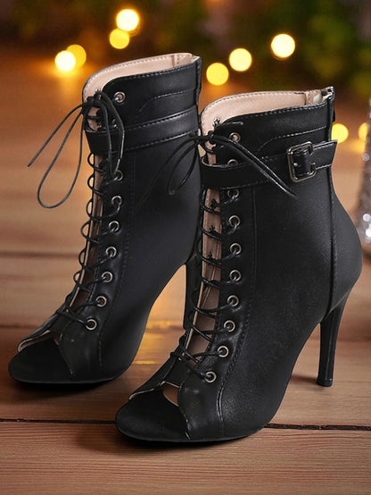 High Women's Heel Peep Booties Black Toe - Stiletto Lace-Up