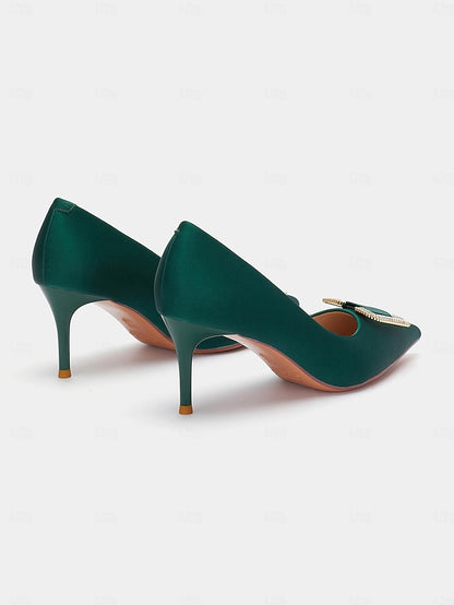 for Women: Rhinestone Pumps Buckle Green Elegant Satin with
