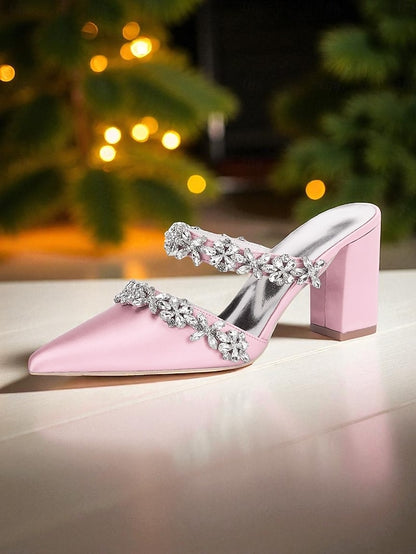 Heel Block Mules with Black Satin Floral Rhinestone Women's