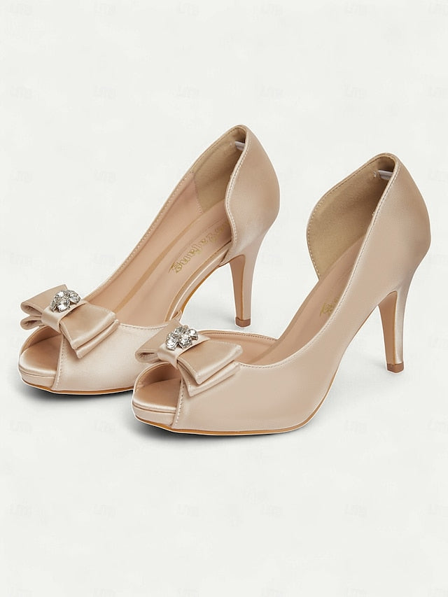 Satin Peep Toe Bow and with Heels Champagne Women's