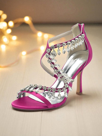 Women's Heel Rhinestone High Sandals Strappy with White