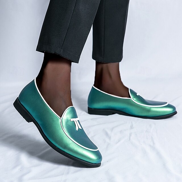 Leather Loafers Men's with Trim Yellow Patent Black Faux