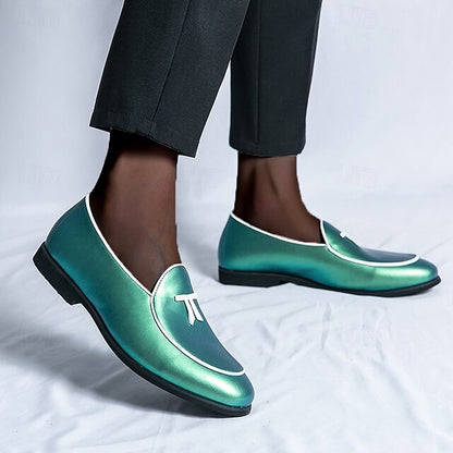 Leather Loafers Men's with Trim Yellow Patent Black Faux