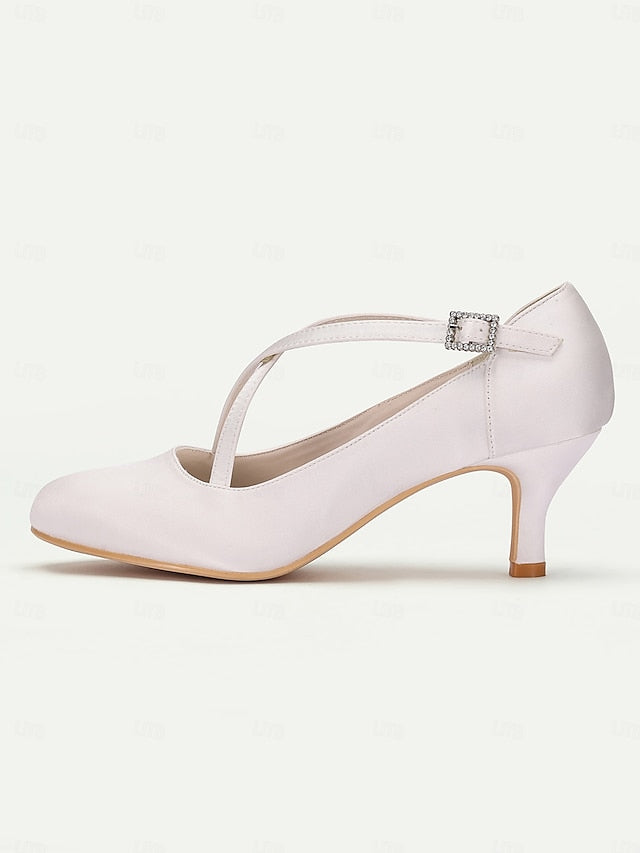 Satin with Elegant Rhinestone Heels Buckle – Cross-Strap White