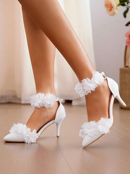 Ankle Women's Heels - Strap Pointed Floral White Elegant