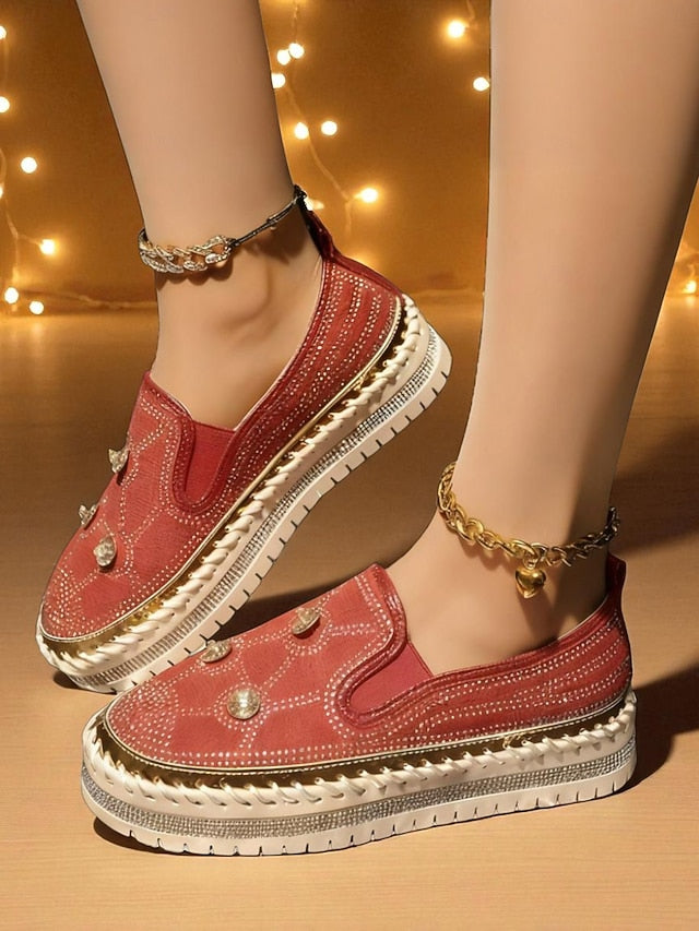 Rhinestone Red Platform Sneakers with Studs Slip-On Women's