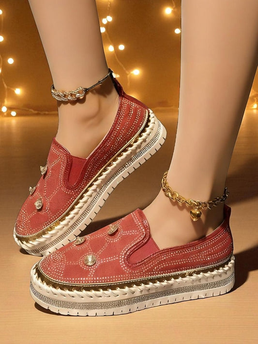 Rhinestone Red Platform Sneakers with Studs Slip-On Women's