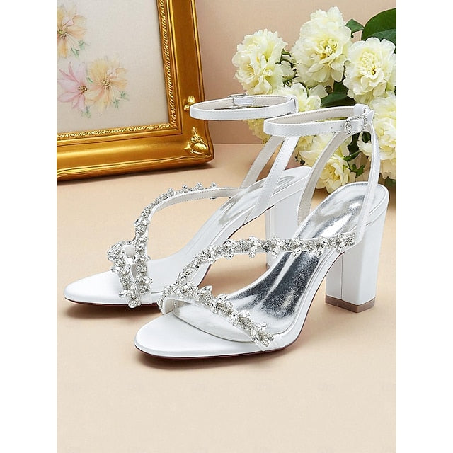 Heel Sandals Block Straps Women's - Rhinestone White with