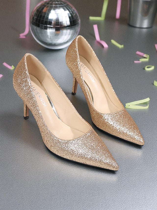 Stiletto Pointed-Toe Sparkly Gold Glitter - Women's Pumps