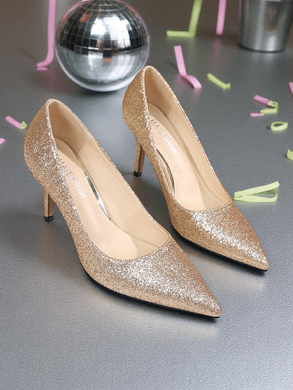 Stiletto Pointed-Toe Sparkly Gold Glitter - Women's Pumps