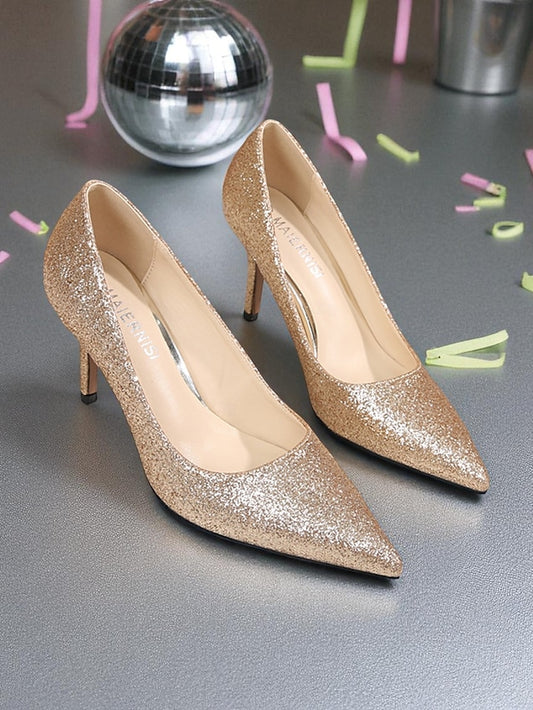Stiletto Pointed-Toe Sparkly Gold Glitter - Women's Pumps