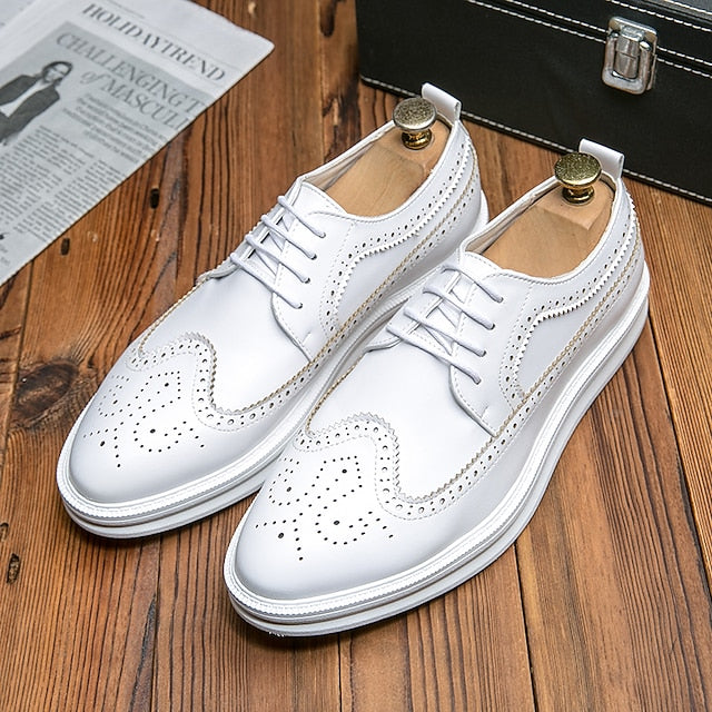Leather Brogue Stylish Lace-Up Shoes White - Men's Derby