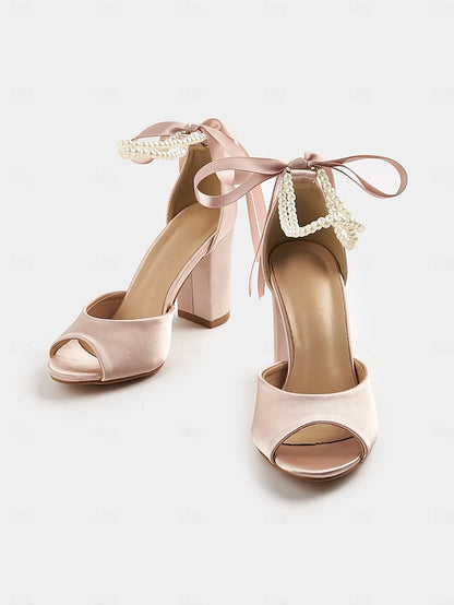 Sandals Peep-Toe Satin Women's Pearl Heel with Block Ankle