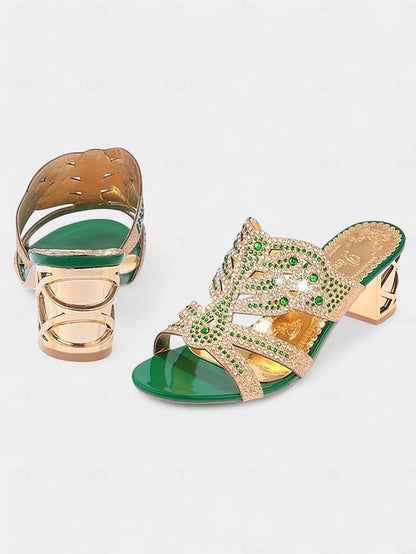 Heeled Embellished and Rhinestone - Green Sandals Gold