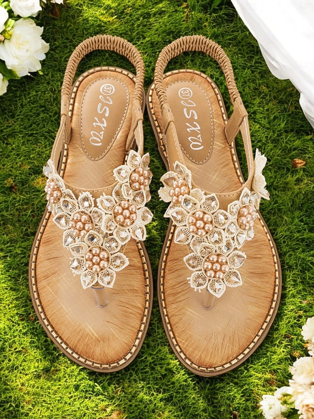 Comfortable Beaded Floral with Design Flat Slip-Ons