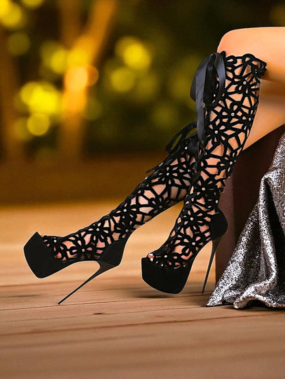 Knee Boots Stiletto Platform Peep High Sexy Cutout Women's