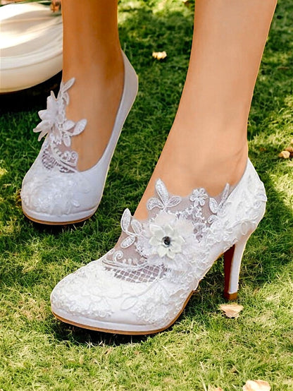Lace Bridal White with Heel High – Floral Embellishments Shoes