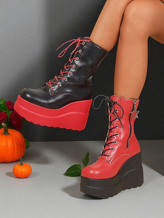 Red and Platform Bold Women's - Ankle Lace-Up Black Boots