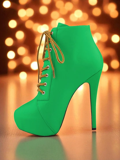 Leather Ankle Beige Platform Faux Women's - Boots Lace-Up