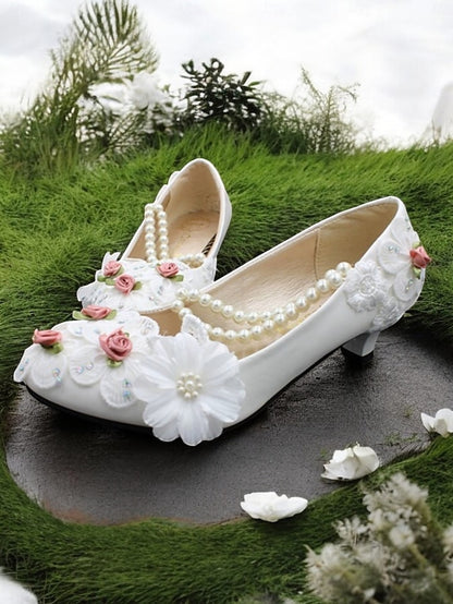 White Strap Heel Floral Embellished Pearl for Low Shoes Bridal